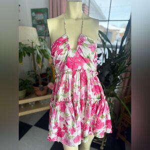 Mika & Gala LILYWHYT Floral Halter Fit Flare Dress Ruffle Roses Size Med Lined